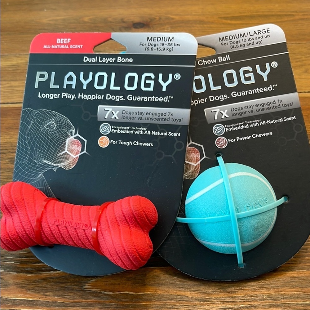 Playology Dog Toy | Beef Scented Bone / Peanut Butter Squeaky Ball / Medium